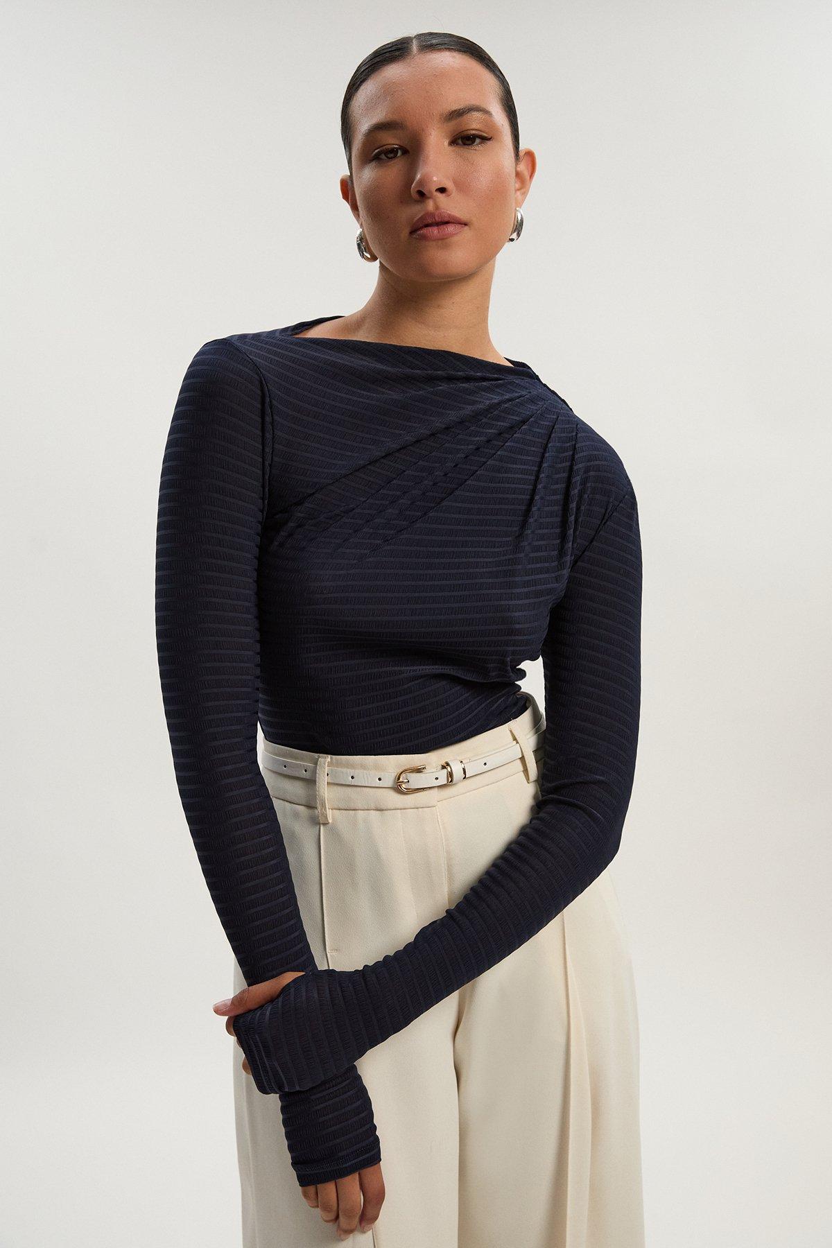 Textured Ruched Jersey Long Sleeve Top - Navy