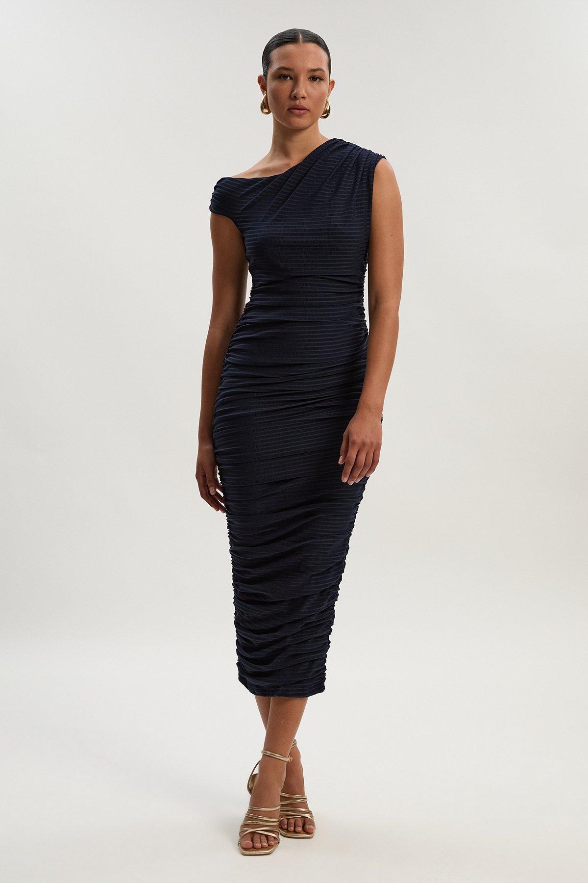 Textured Ruched Jersey Midi Dress - Navy