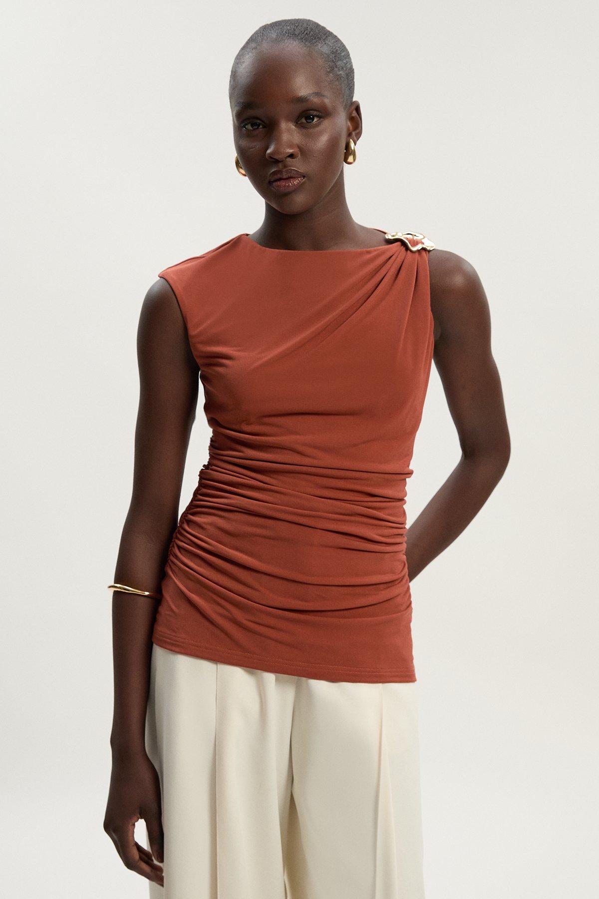 Drapey Crepe Trim Detail Ruched Top - Orange