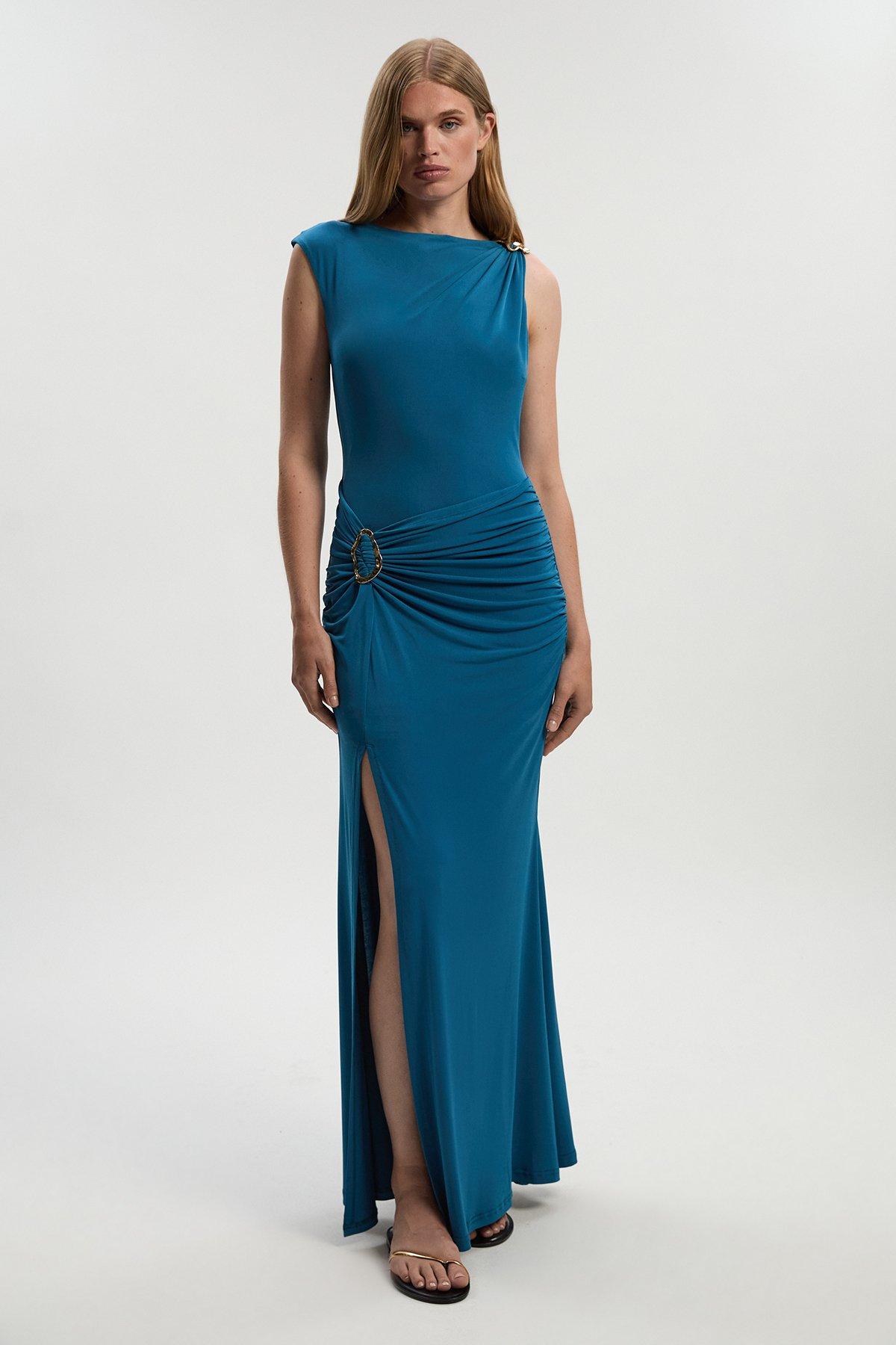 Drapey Crepe Trim Detail Ruched Maxi Dress - Blue