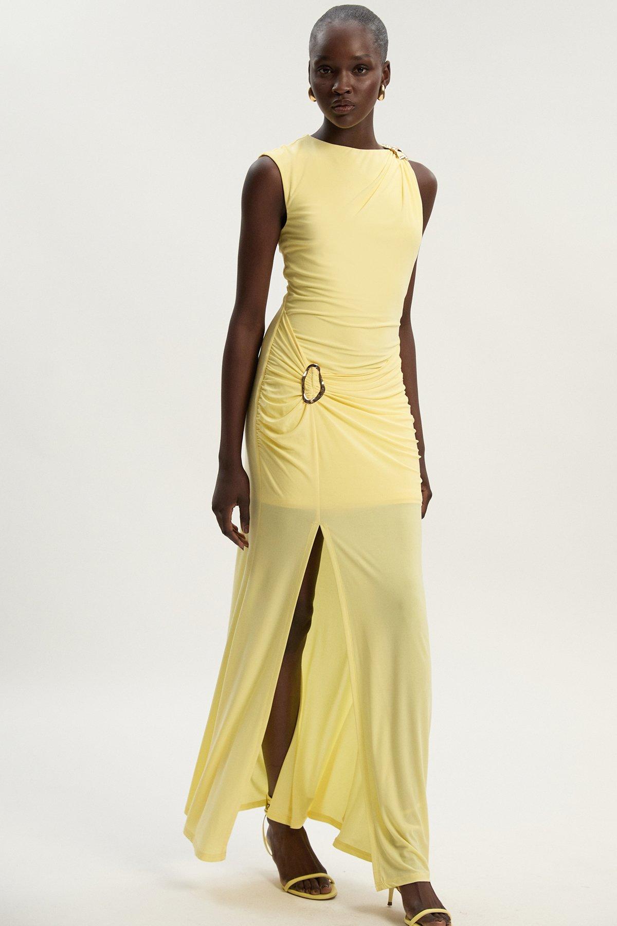 Petite Drapey Crepe Trim Detail Ruched Maxi Dress - Yellow