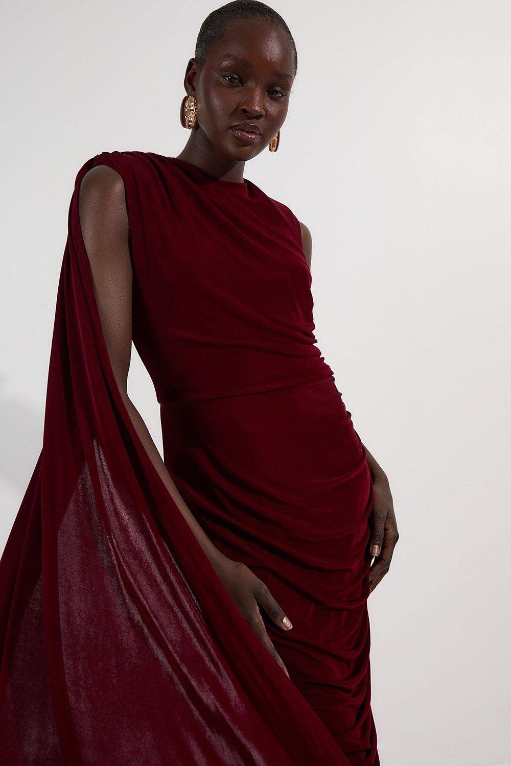 Premium Slinky Crepe Scarf Detail Maxi Dress - Red