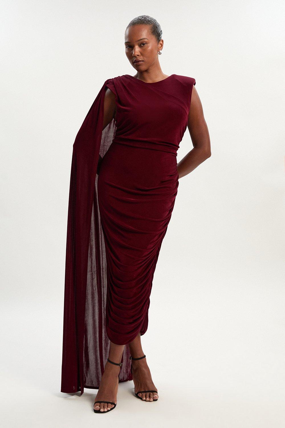 Plus Size Premium Slinky Crepe Scarf Detail Maxi Dress - Red