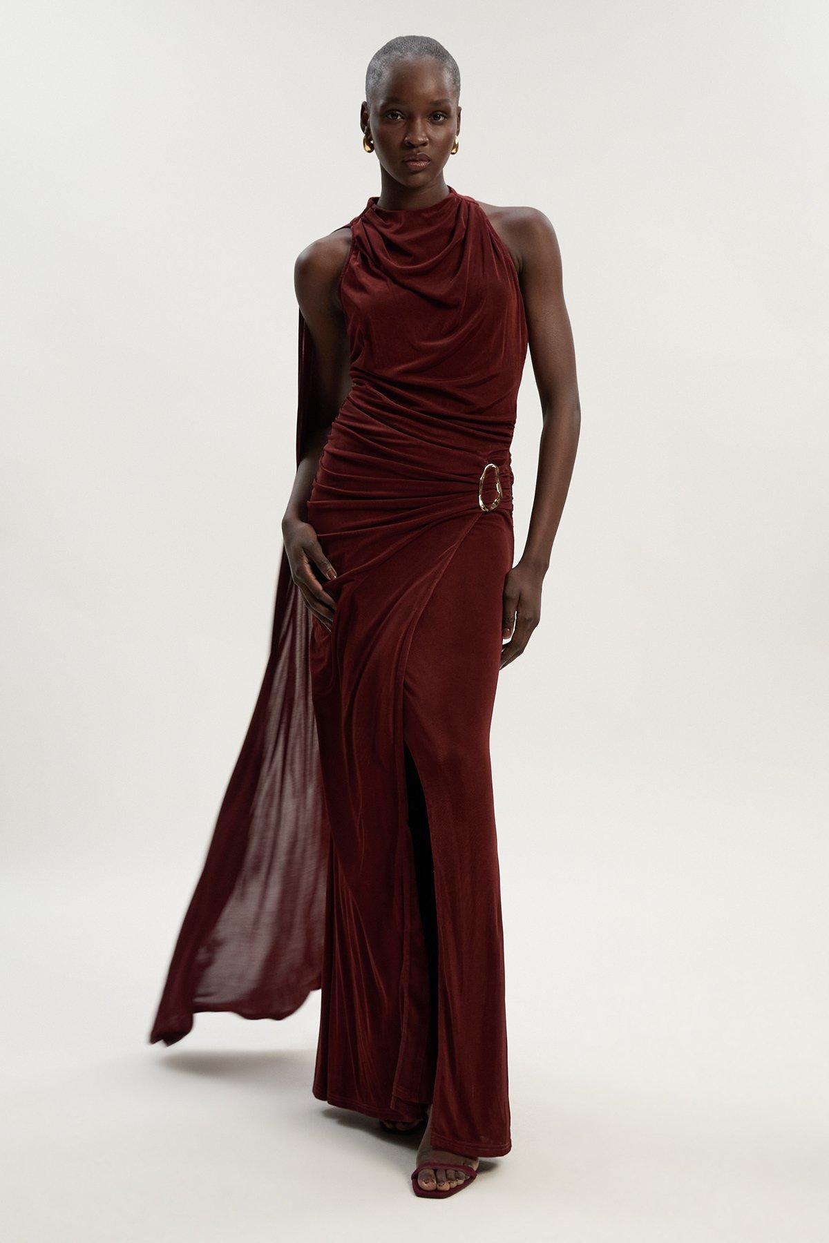 Premium Slinky Crepe High Neck Scarf Detail Maxi Dress - Brown