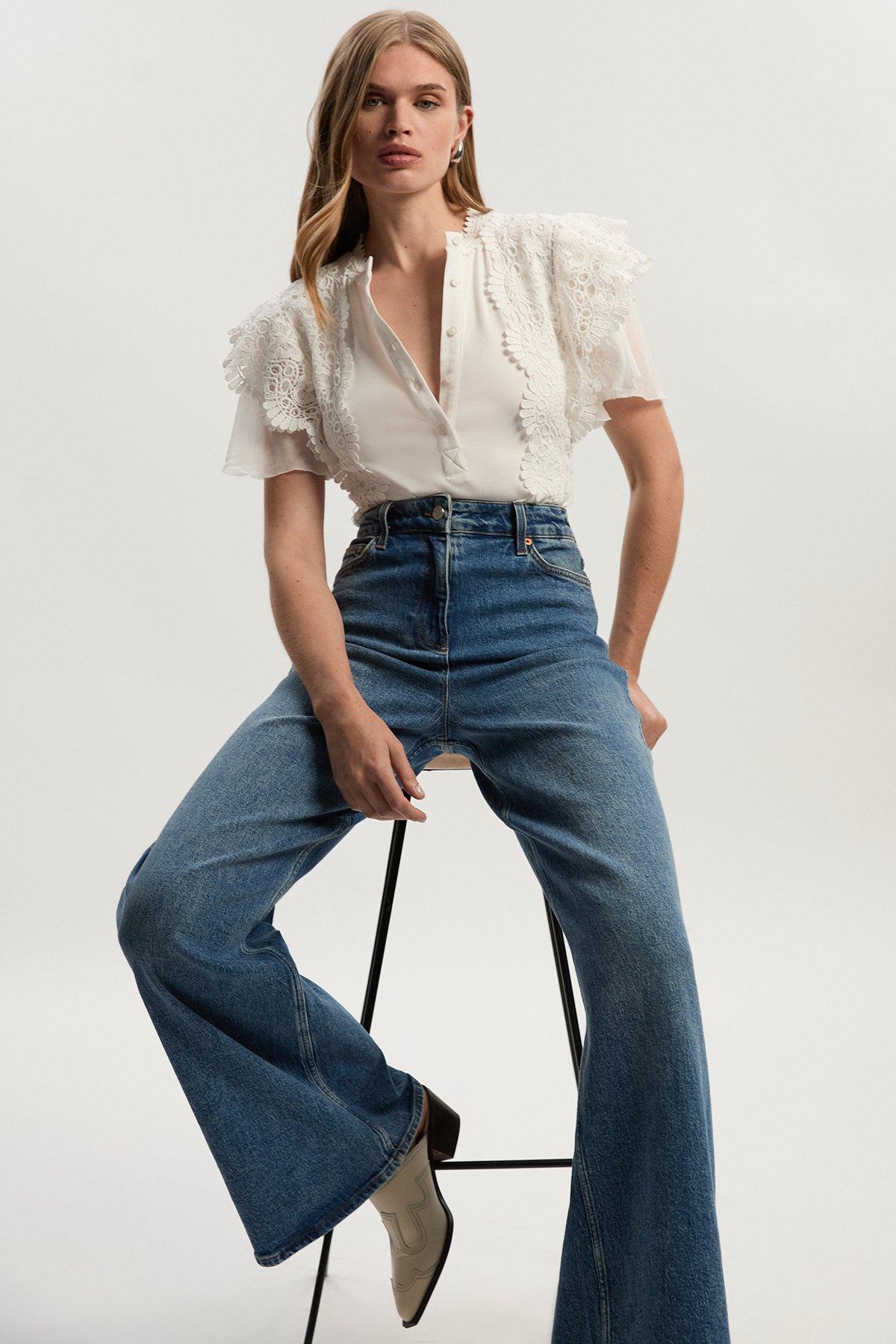 Capure Lace Trim Ribbed Button Detail Jersey Bodysuit - Ivory