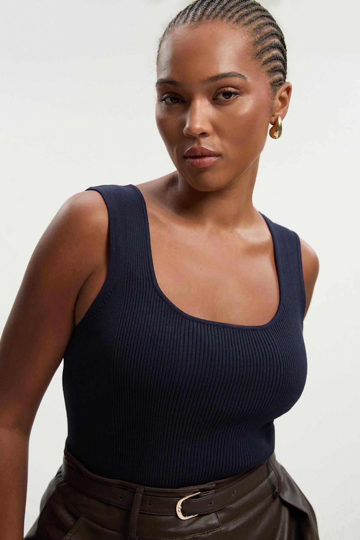 Plus Size Viscose Blend Rib Knit Square Neck Vest - Navy