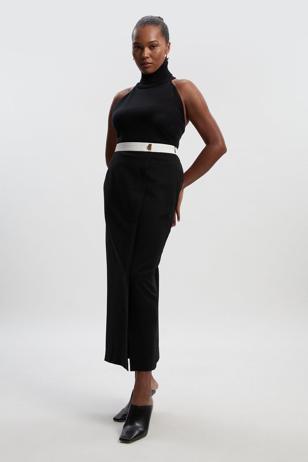 Plus Size Twill Contrast Hardware Woven Midi Skirt - Black
