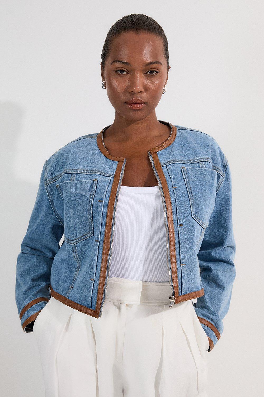 Plus Size Denim & Faux Leather Tipping Collarless Tailored Jacket - Light Blue