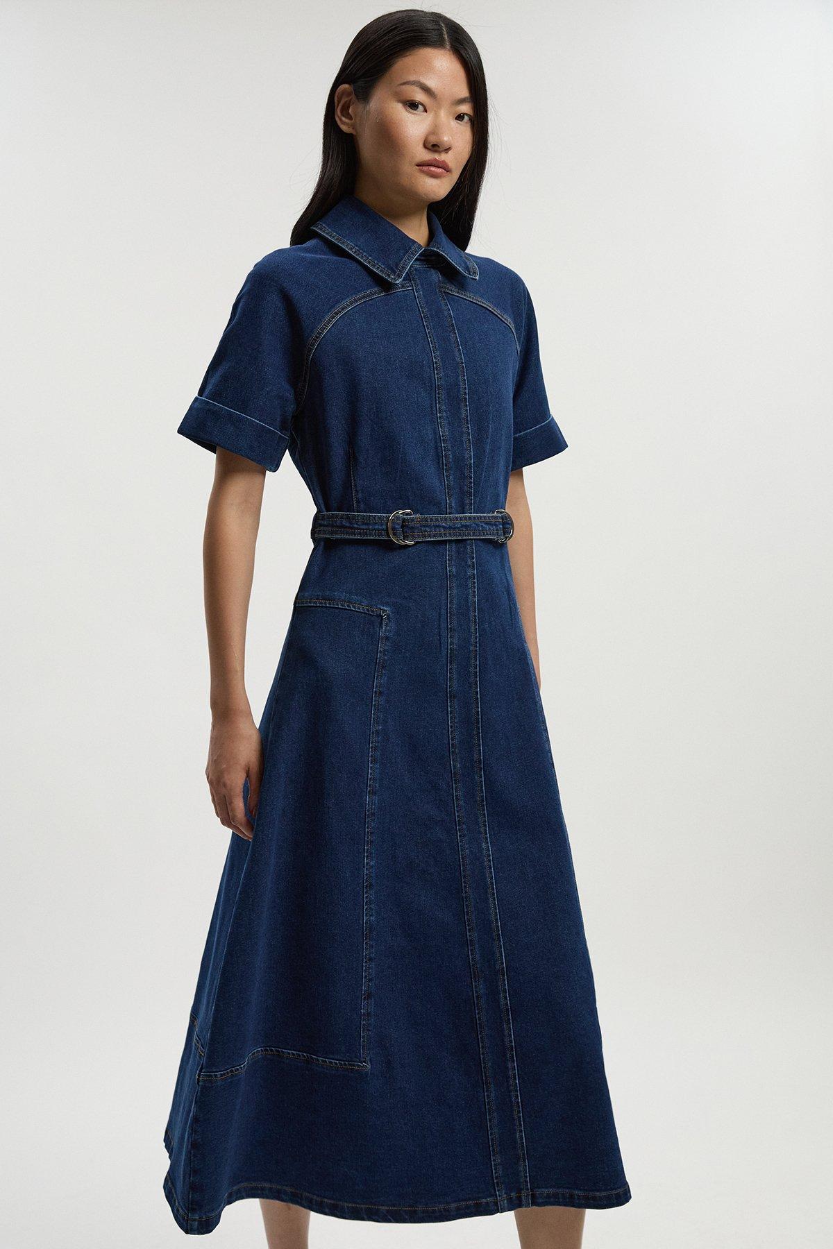 Stretch Denim Tab Belt Detail Midi Dress - Mid Wash