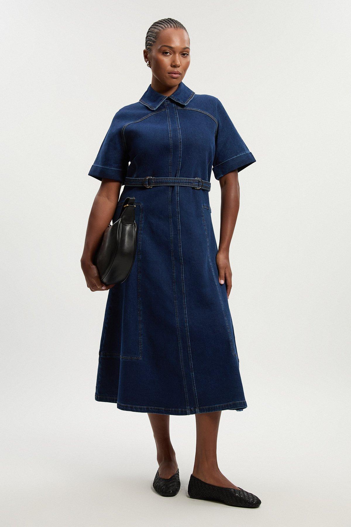 Plus Size Stretch Denim Tab Belt Detail Midi Dress - Mid Wash