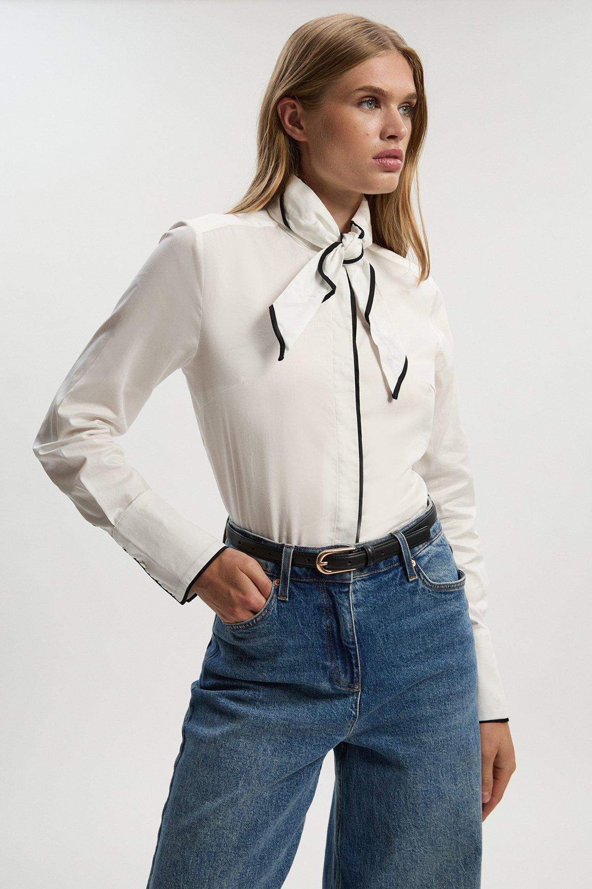 Detachable Scarf with Contrast Detail Woven Shirt - White