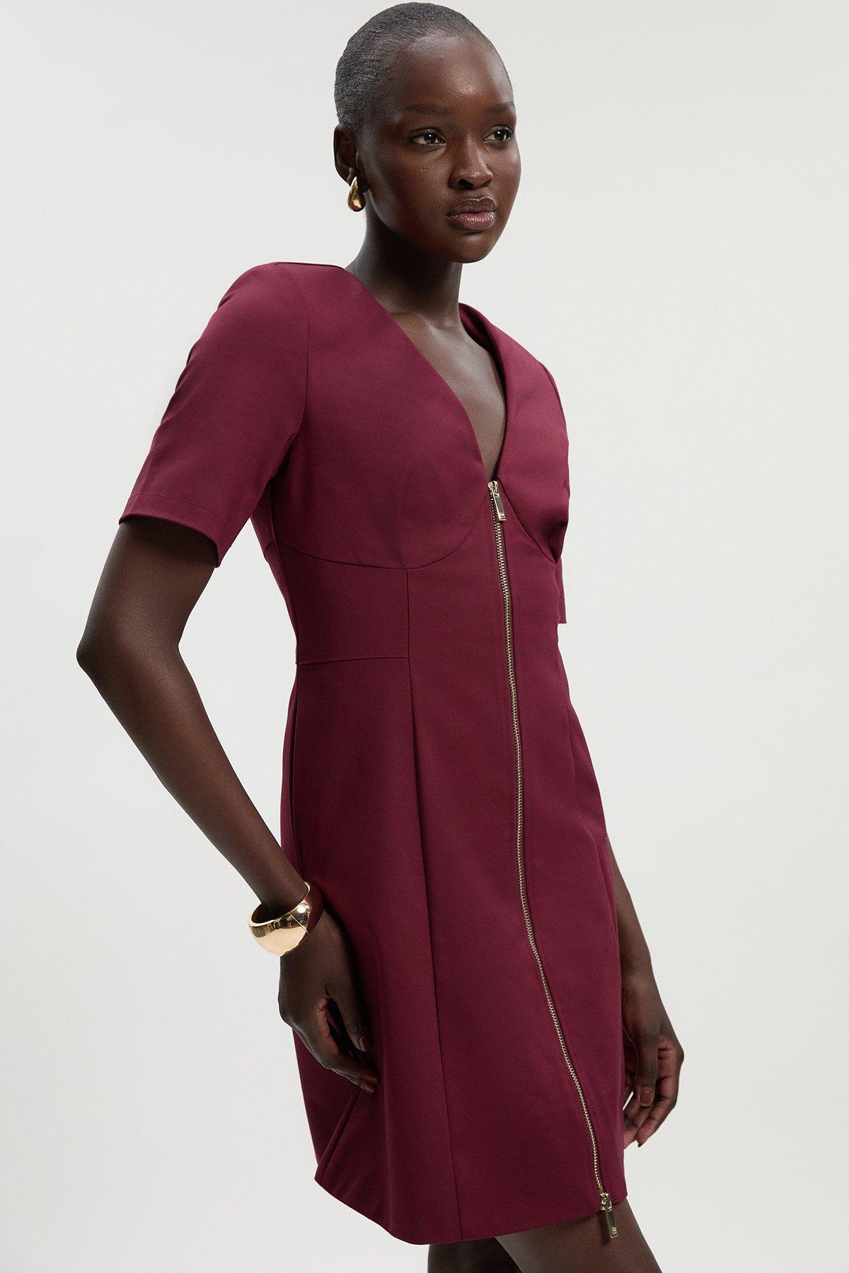 Tall Techno Cotton Short Sleeve Zip Detail Woven Mini Dress - Red