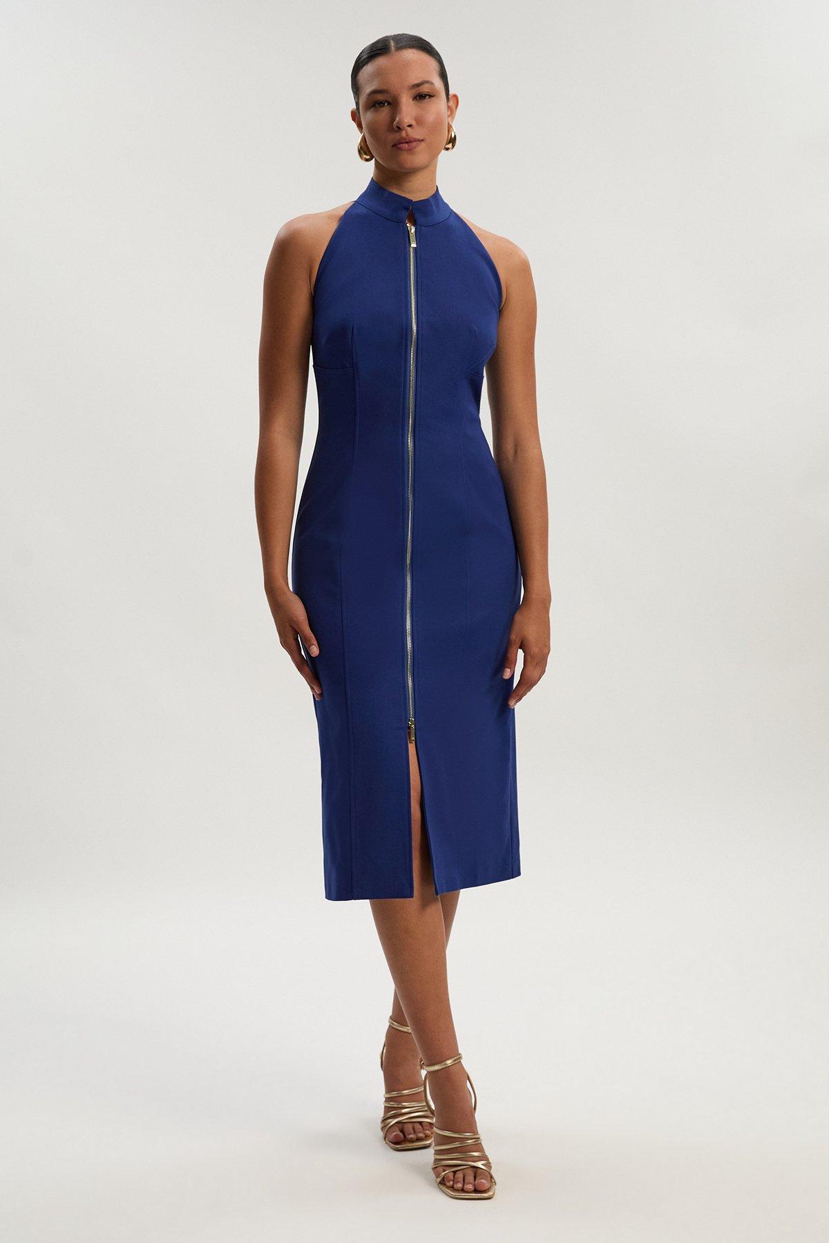 Techno Cotton Halter Neck Zip Detail Woven Midi Dress - Blue