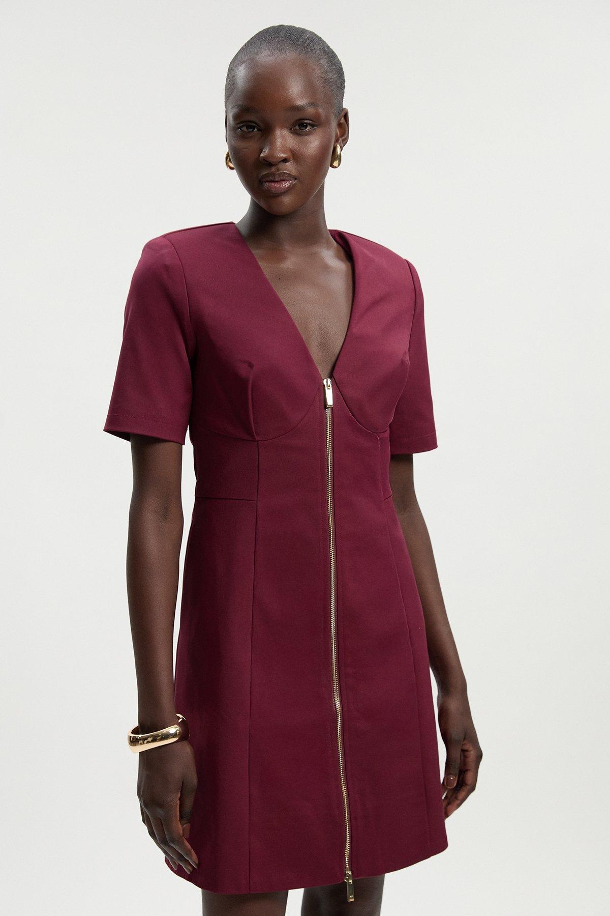 Techno Cotton Short Sleeve Zip Detail Woven Mini Dress - Red