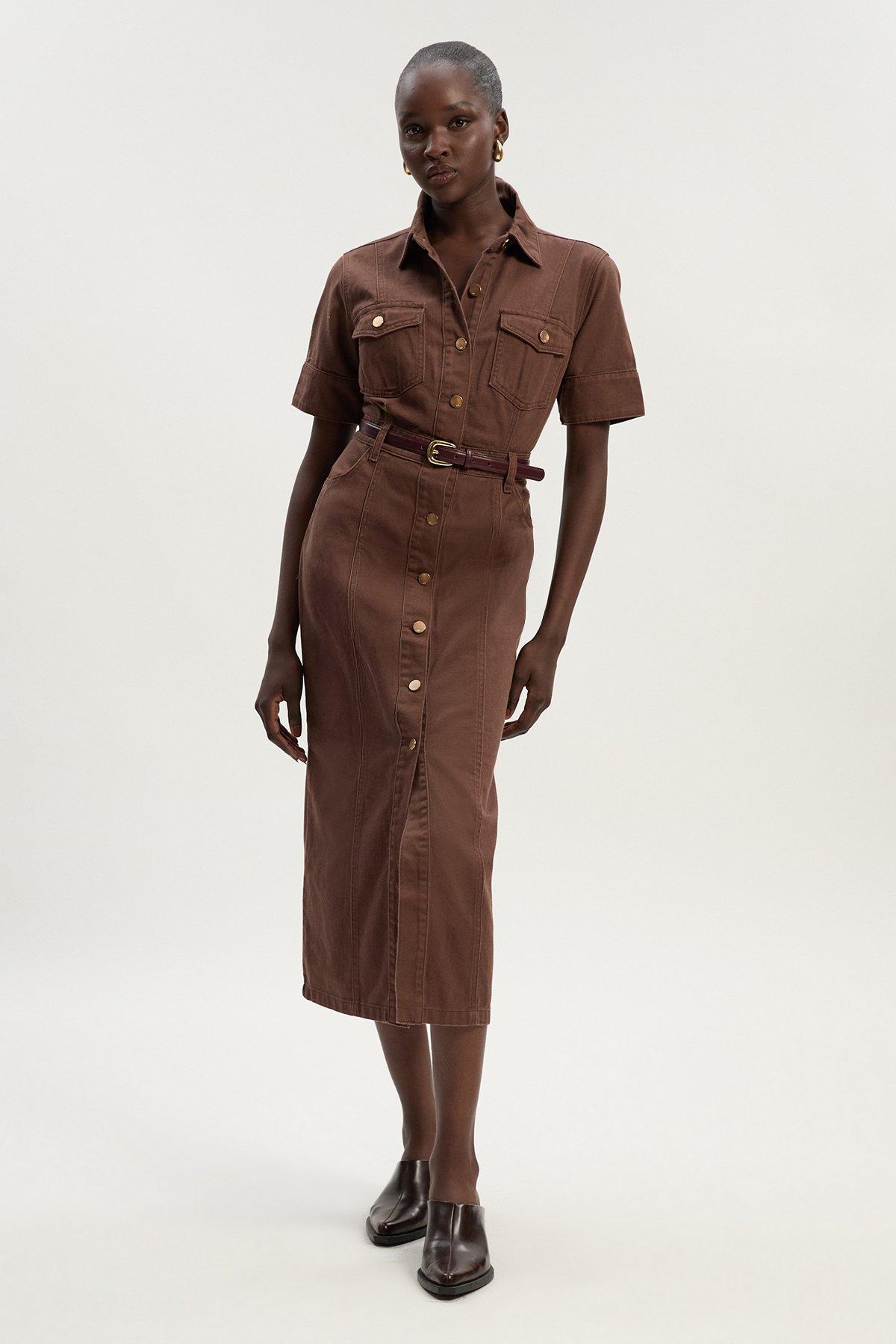Denim Short Sleeve Shirt Dress - Brown