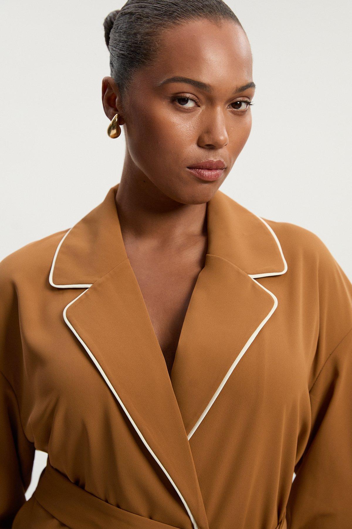 Plus Size Contrast Tipping Tie Waist Woven Trench Jacket - Camel