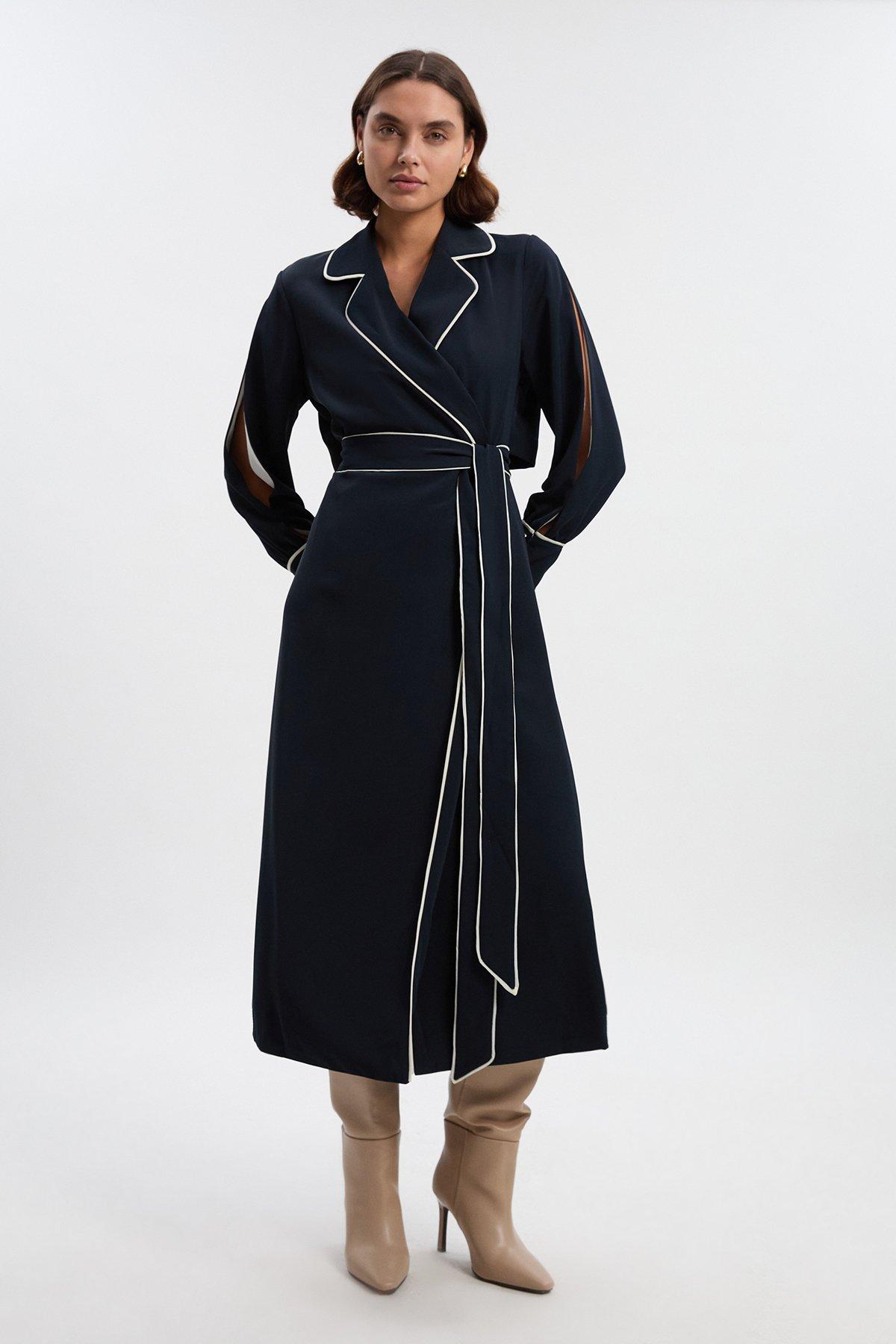 Petite Contrast Tipping Tie Waist Long Sleeve Woven Trench Midi Dress - Navy