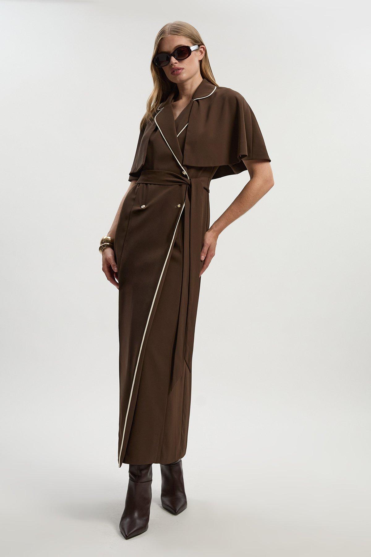 Contrast Tipping Tie Waist Short Sleeve Woven Trench Midi Dress - Brown