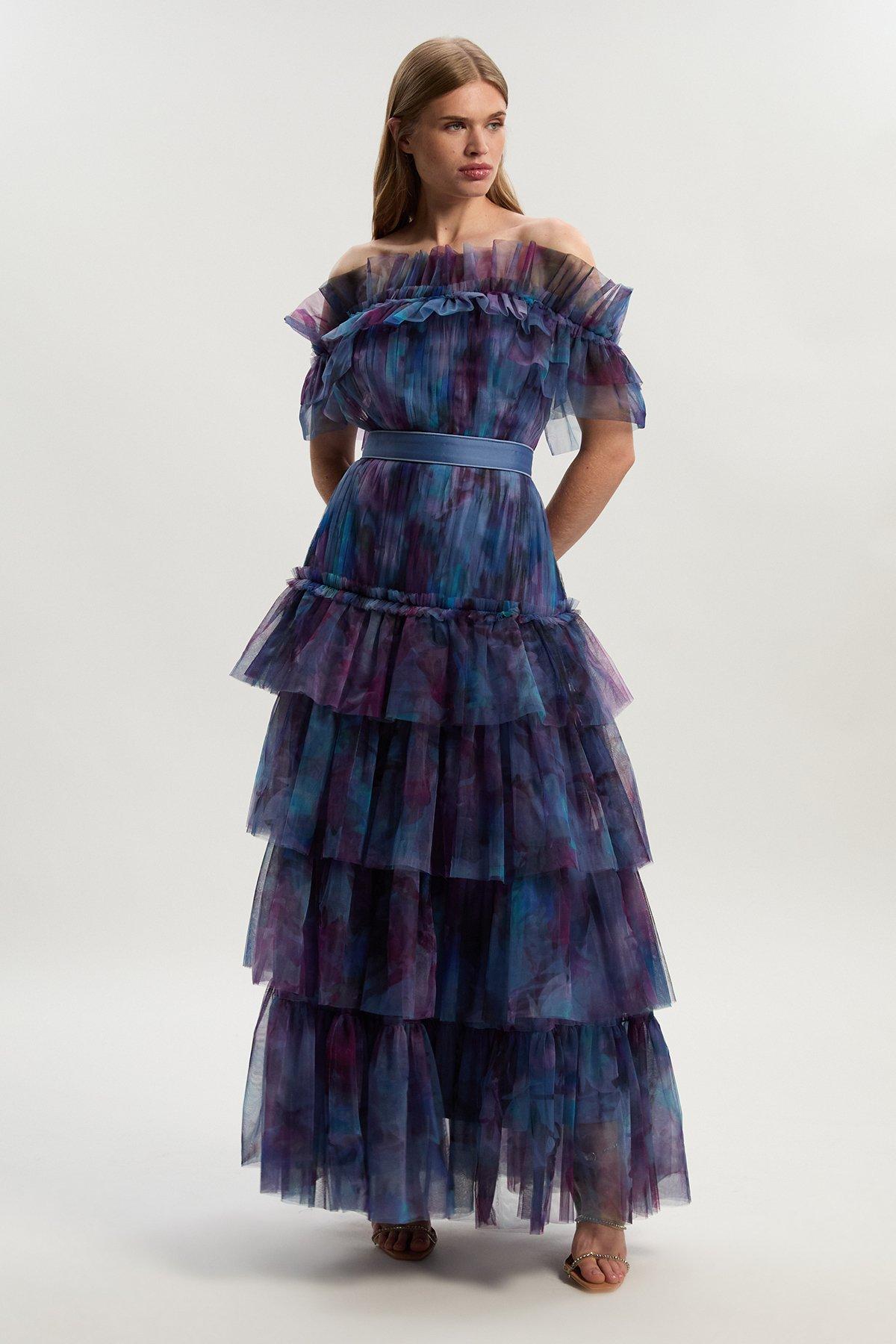 Floral Print Tulle Layered Off The Shoulder Maxi Dress - Floral