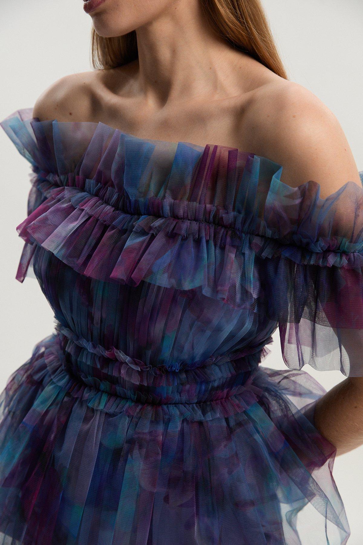 Floral Tulle Layered Off The Shoulder Blouse - Floral
