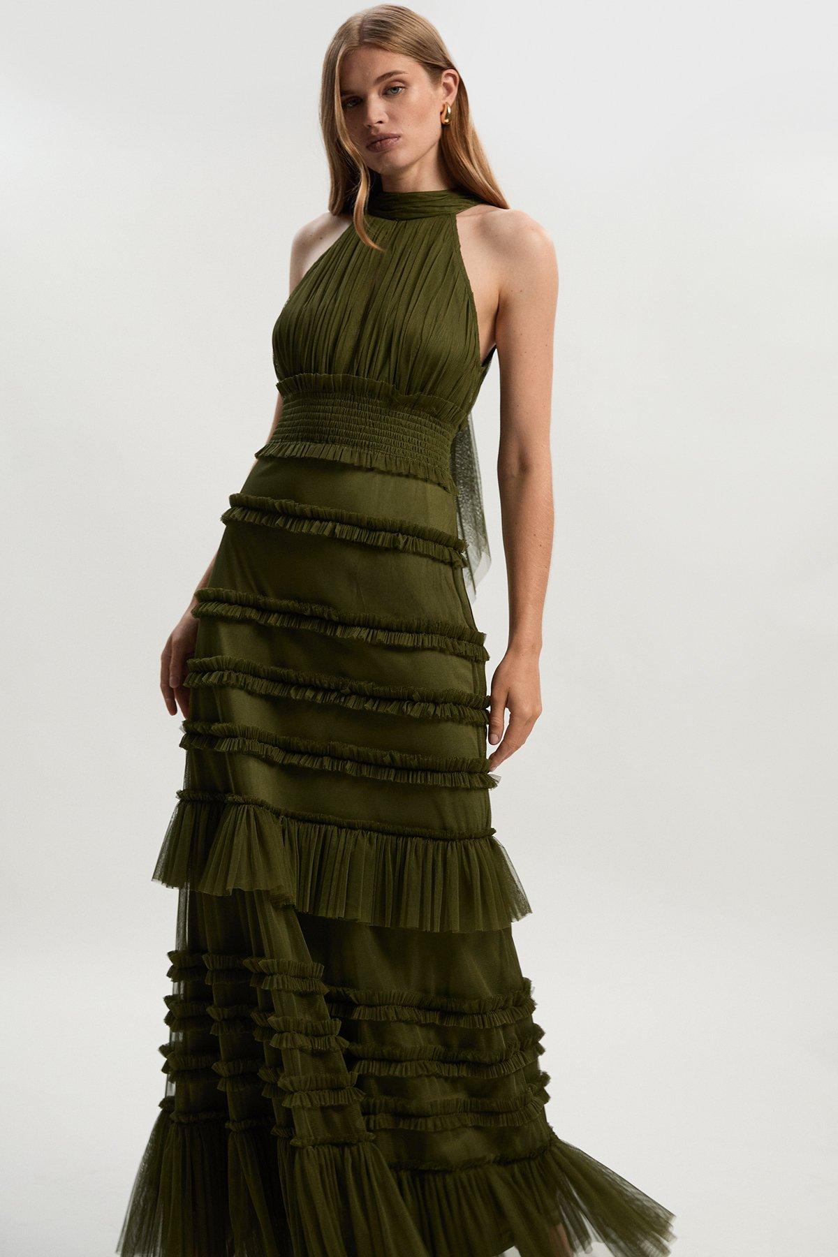 Tulle Layered Halter Neck Maxi Dress - Khaki/Green