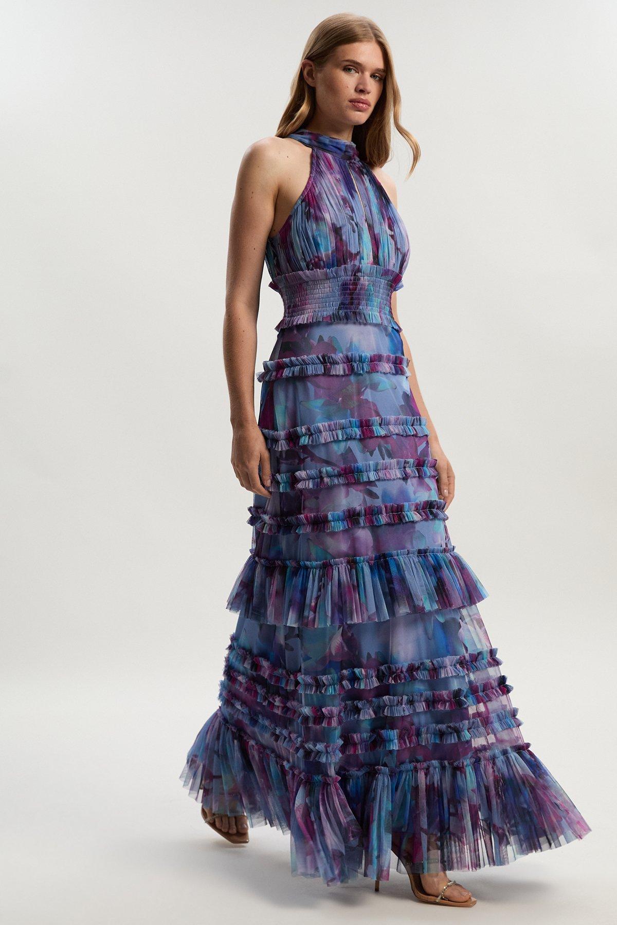 Tulle Layered Halter Neck Maxi Dress - Floral