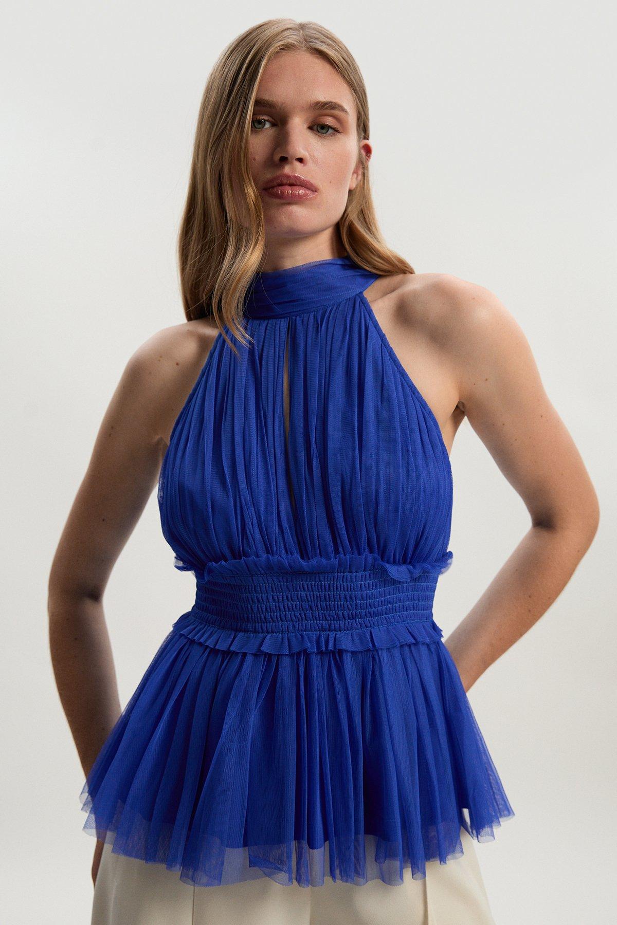 Tulle Layered Halter Neck Blouse - Blue