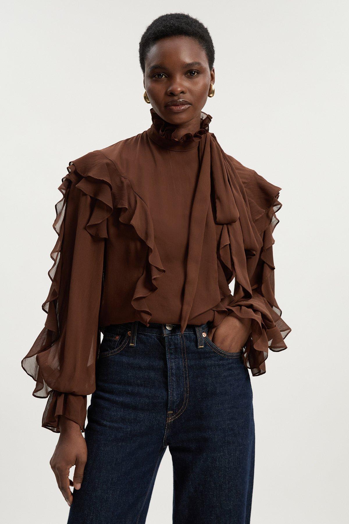 Georgette Ruffle Woven Pussy Bow Blouse - Brown