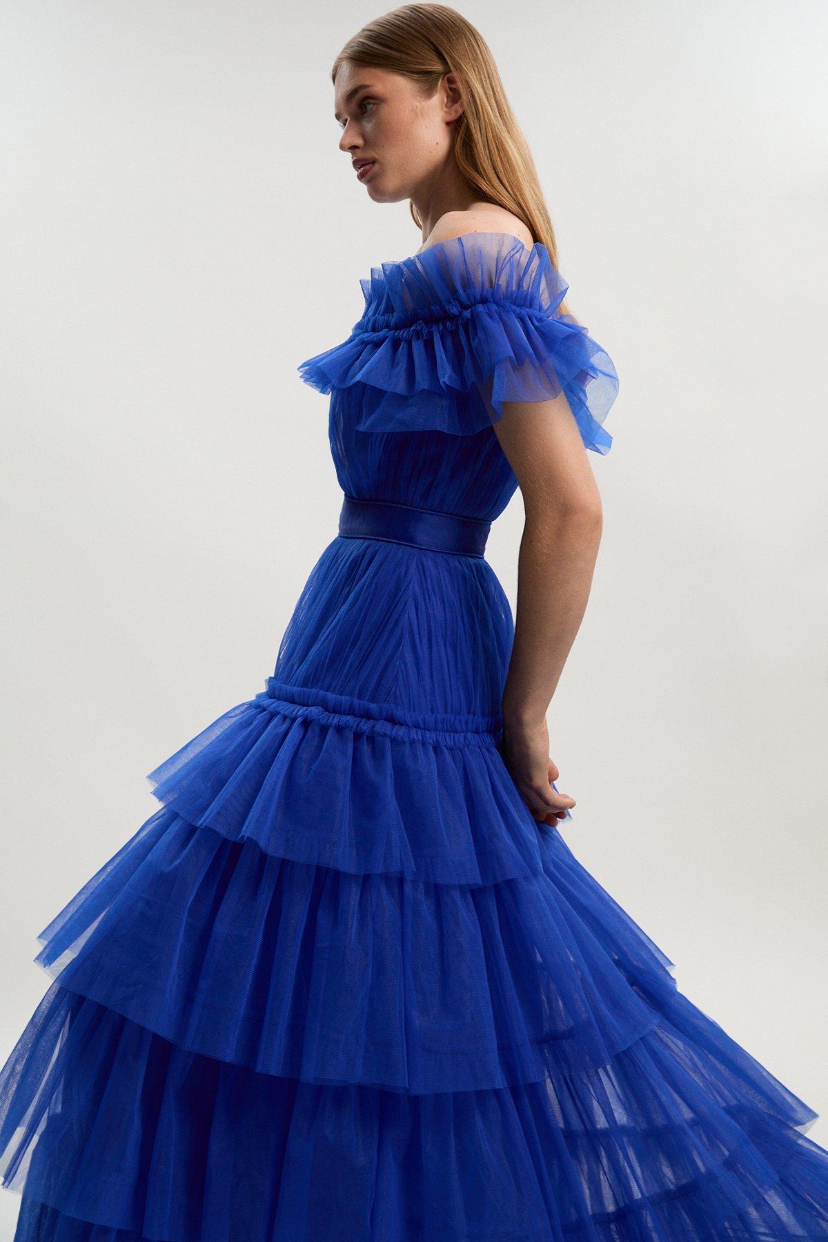 Tulle Layered Off the Shoulder Maxi Dress - Blue