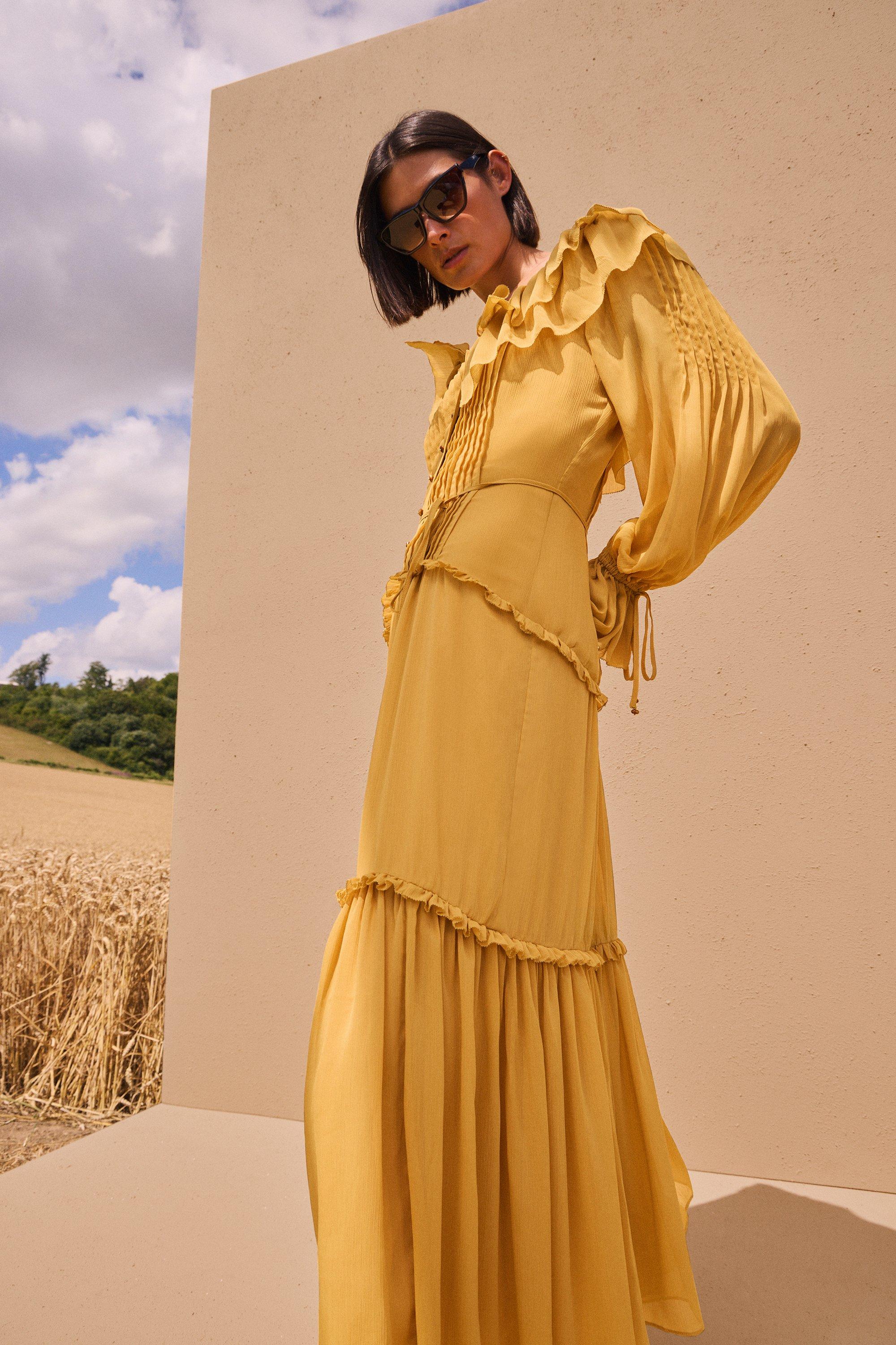 Georgette Ruffle Woven Maxi Dress - Orange