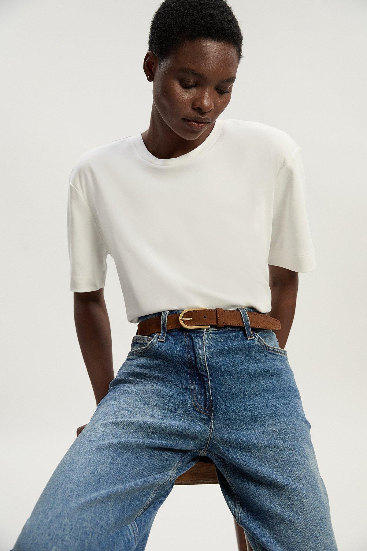 Suede Rounded Buckle Belt - Brown