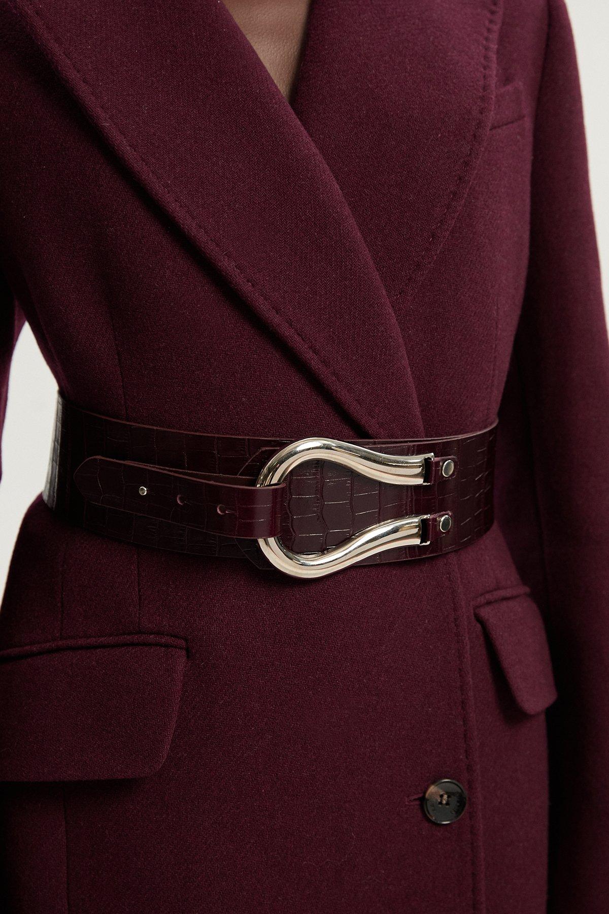 Croc Effect Leather Hardware Detail Waist Belt - Red