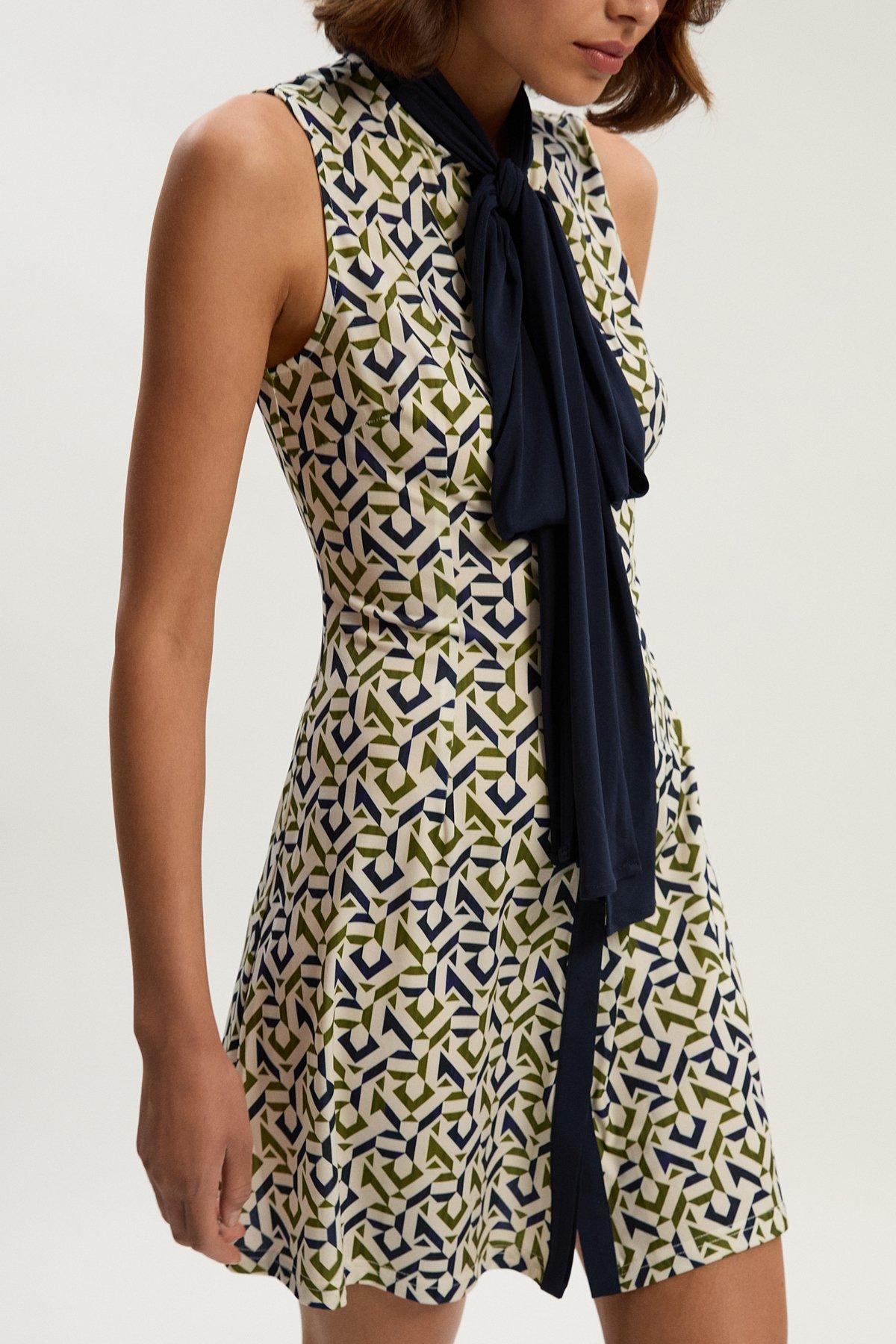 Petite Geo Print Crepe Tie Neck Mini Dress - Mono