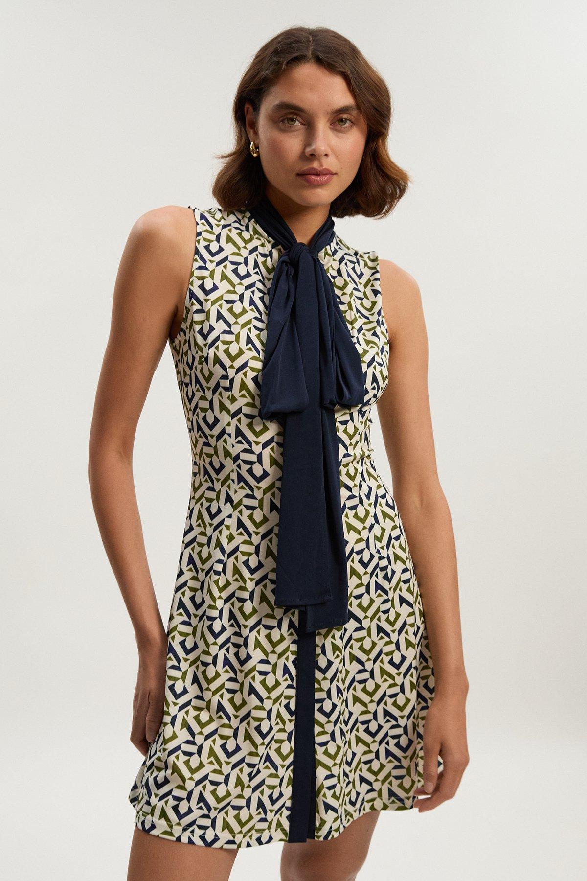Tall Geo Print Crepe Tie Neck Mini Dress - Mono