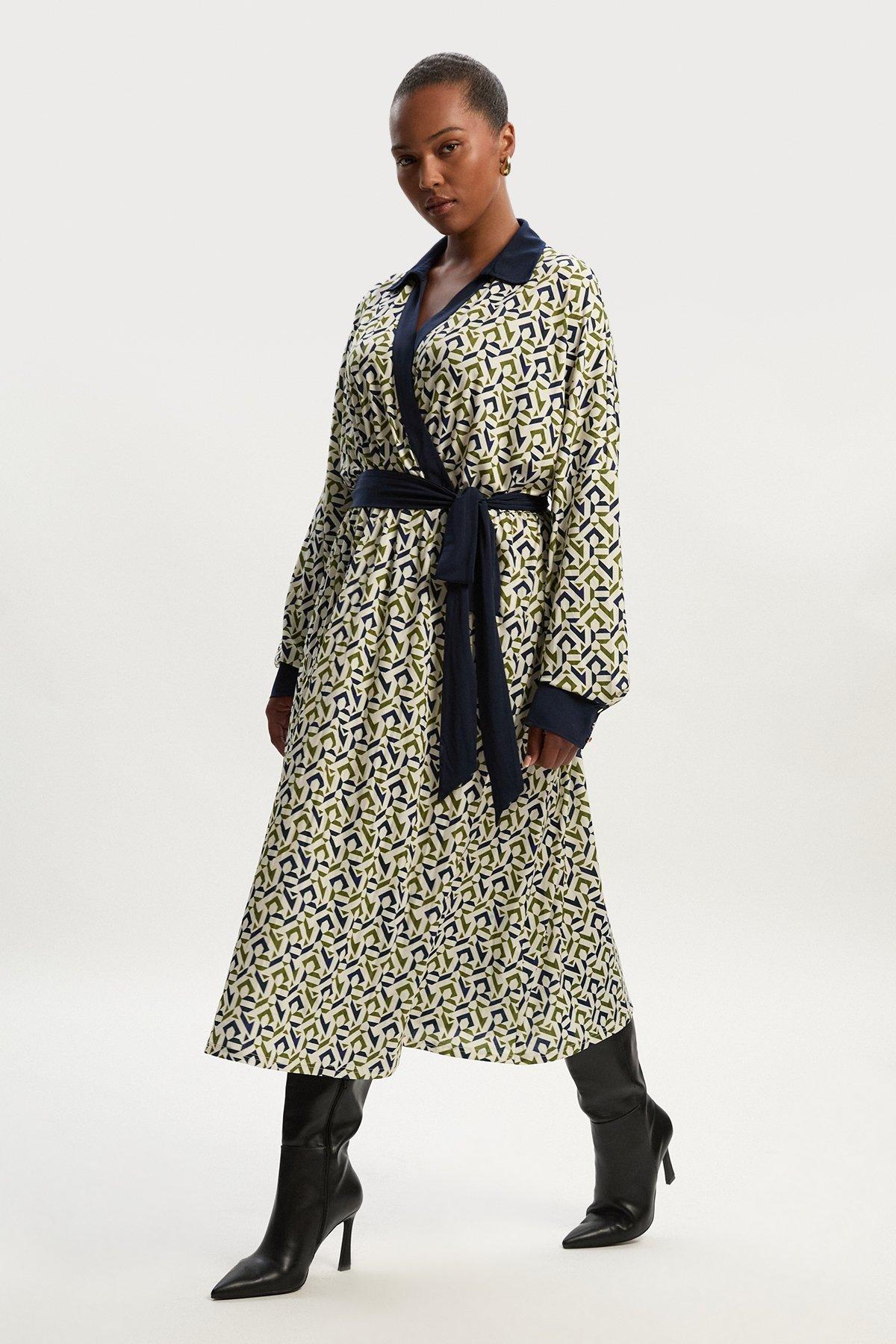 Plus Size Geo Print Crepe Tie Waist Maxi Dress - Mono