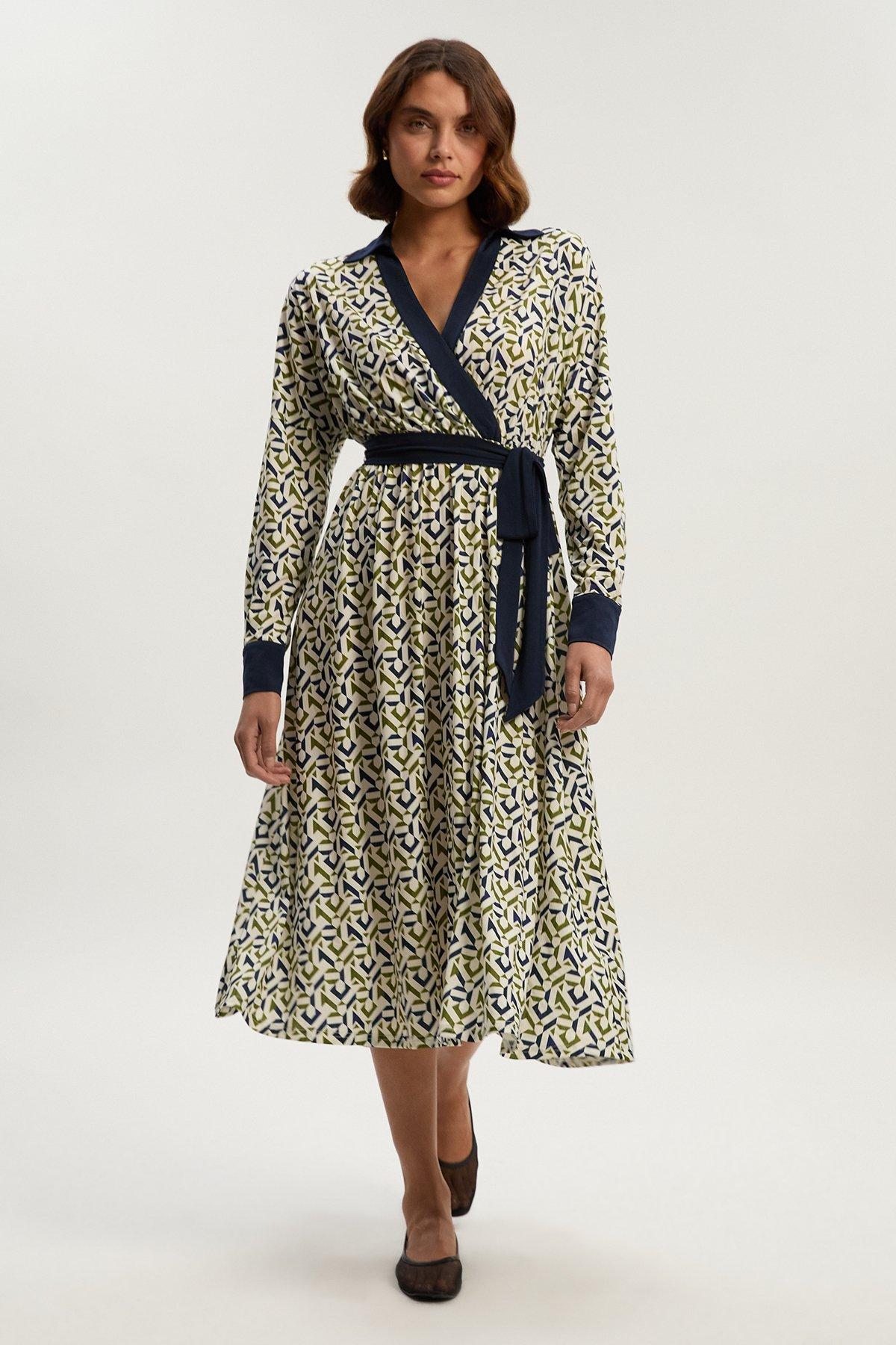 Geo Print Crepe Tie Waist Maxi Dress - Mono