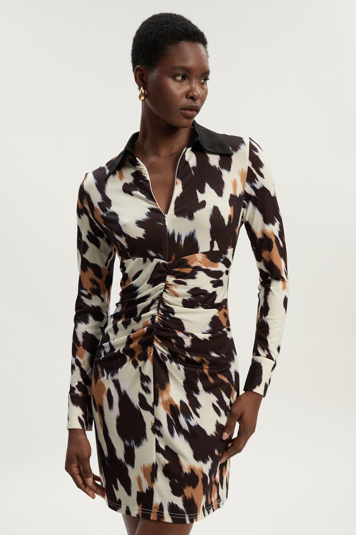 Animal Print Crepe Collared Mini Dress - Animal