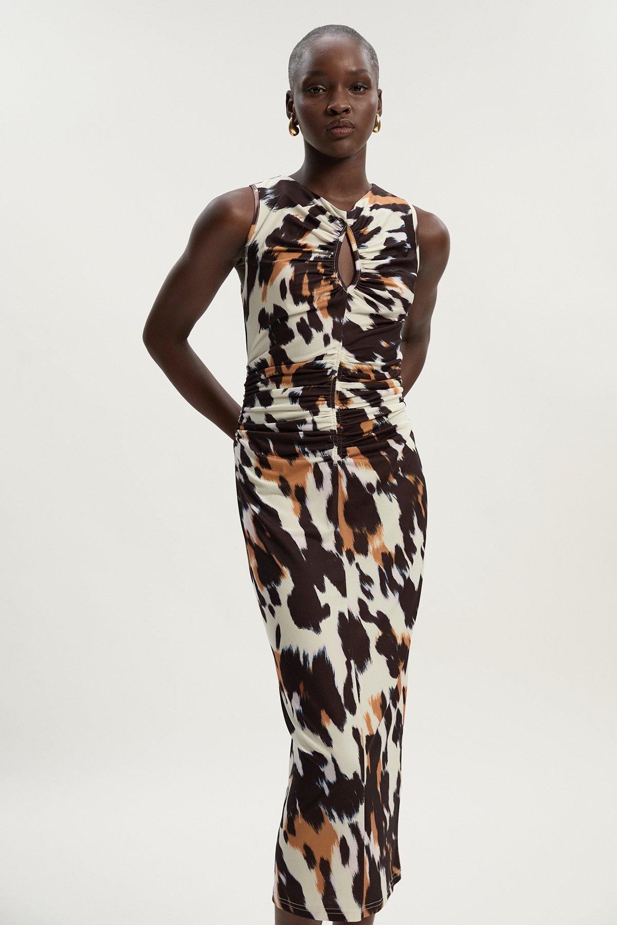 Animal Print Crepe Cut Out Neck Midi Dress - Animal