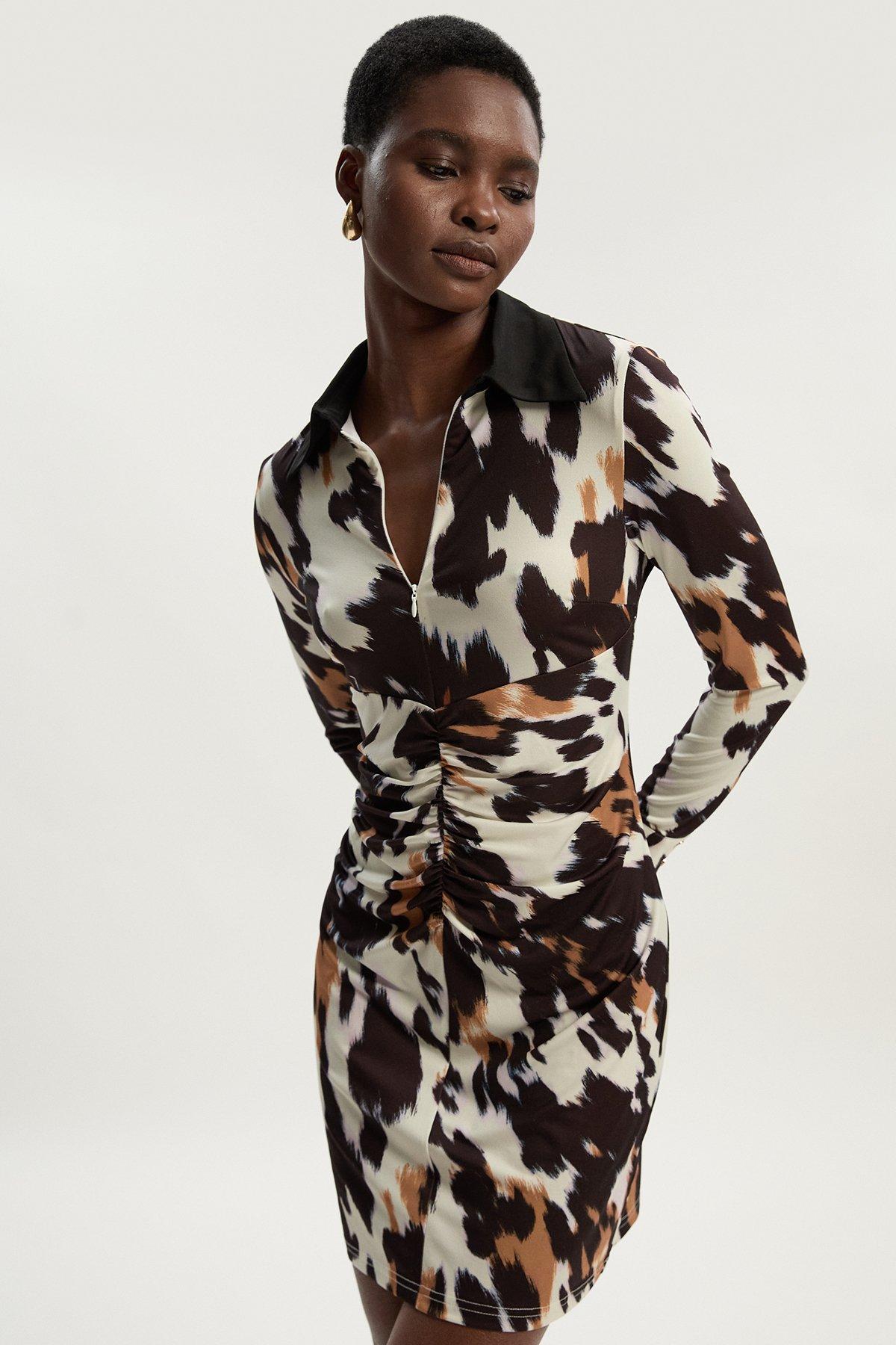 Tall Print Crepe Collared Mini Dress - Animal