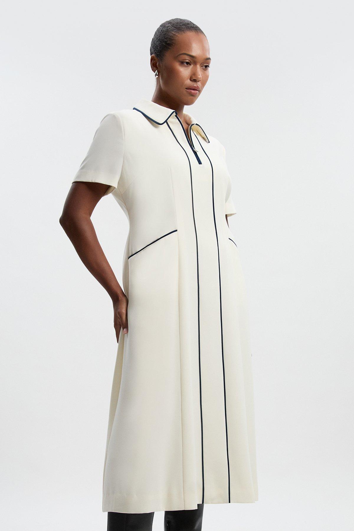 Plus Size Tailored Crepe Tipped Tailored Midi Shirt Dress - Ivory