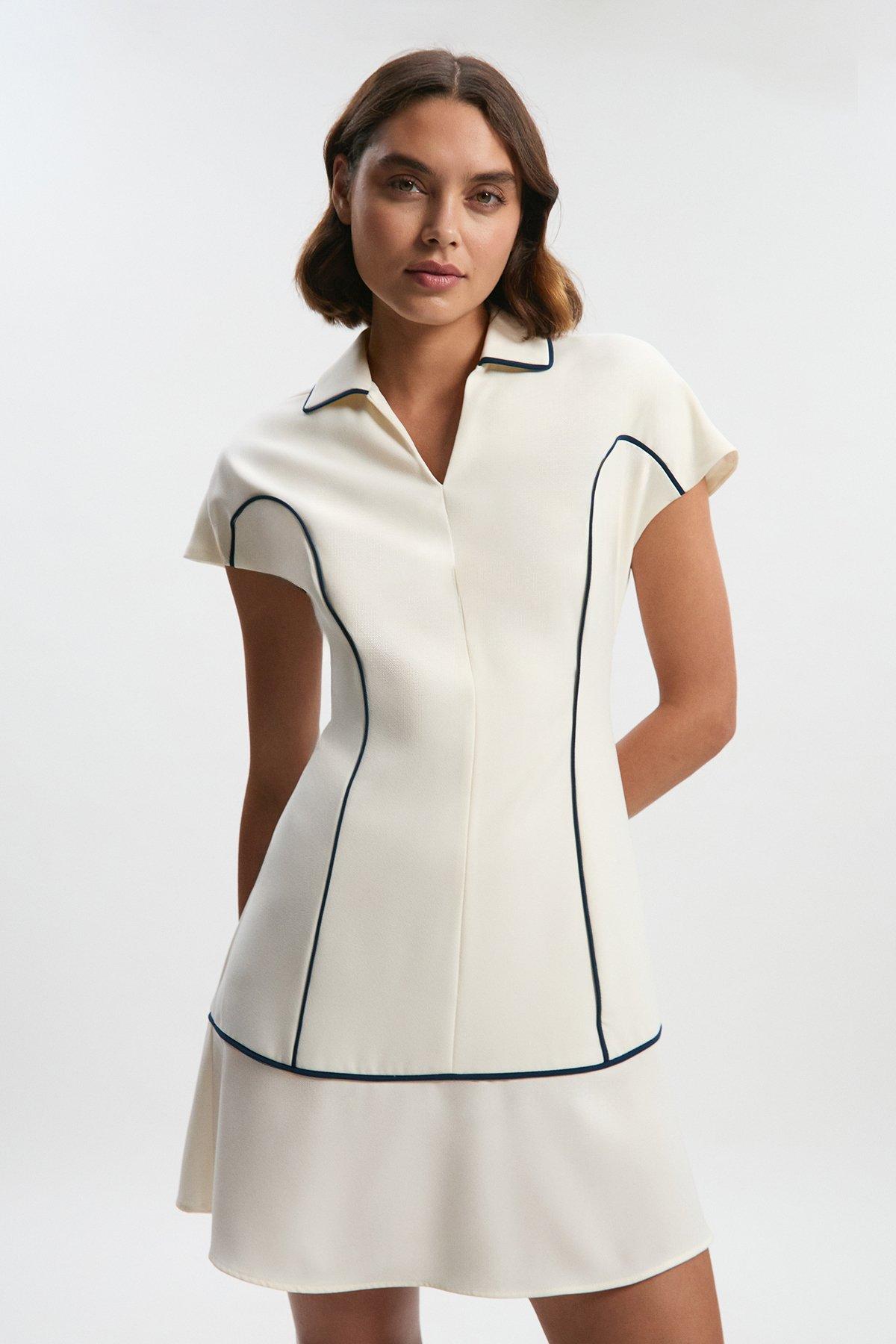 Petite Tailored Crepe Tipped Tailored Mini Shirt Dress - Ivory