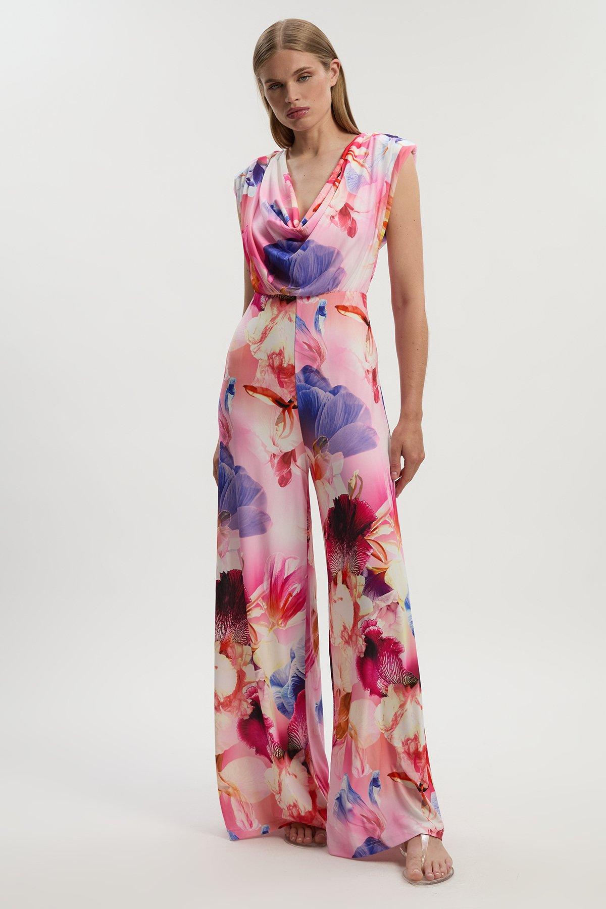 Tall Printed Drapey Jersey Cowl Neck Wide Leg Jumpsuit - Floral