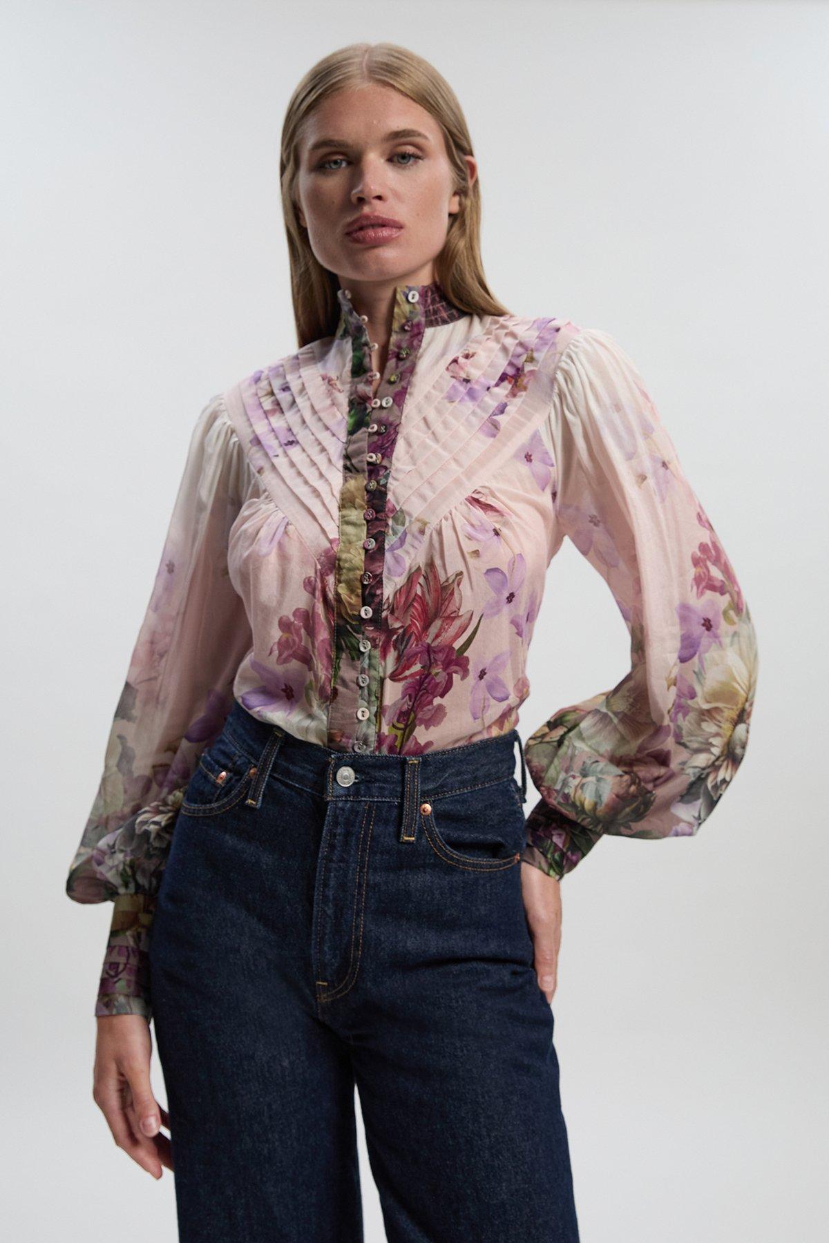 Floral Print Silk Cotton Long Sleeve Woven Blouse - Floral