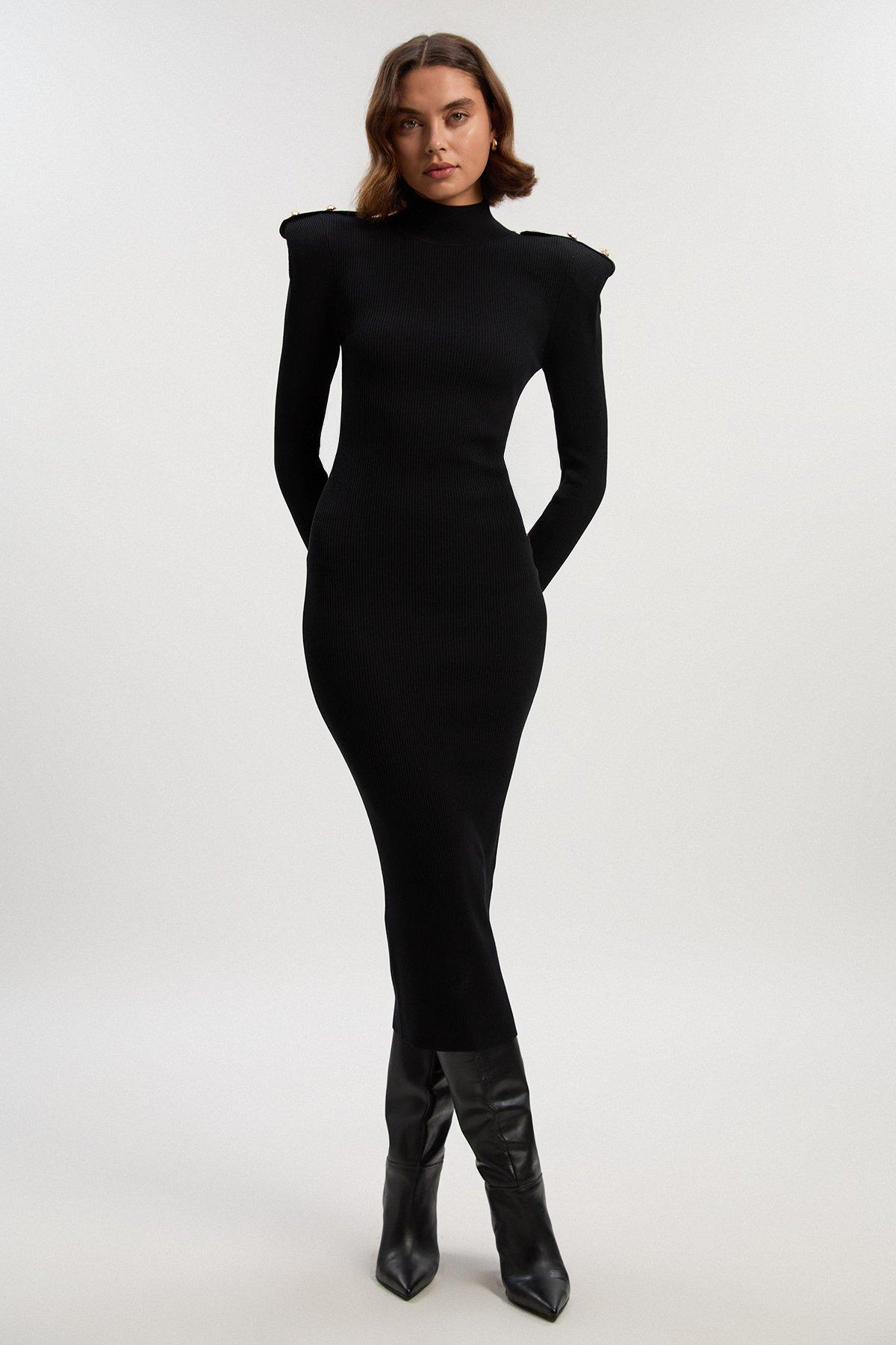Viscose Blend Rib Knit Power Shoulder Long Sleeve Military Trim Maxi Dress - Black