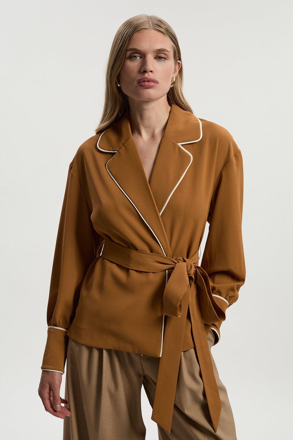 Contrast Tipping Tie Waist Woven Trench Jacket - Camel
