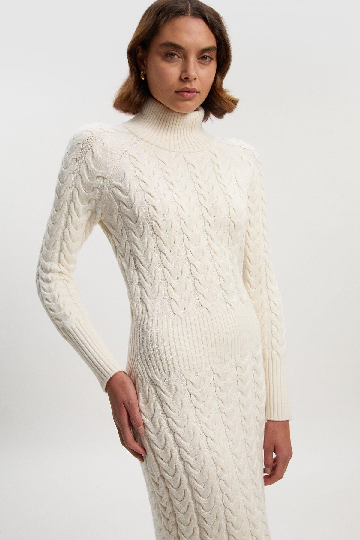 Petite Cable Knit Funnel Neck Maxi Dress - Cream