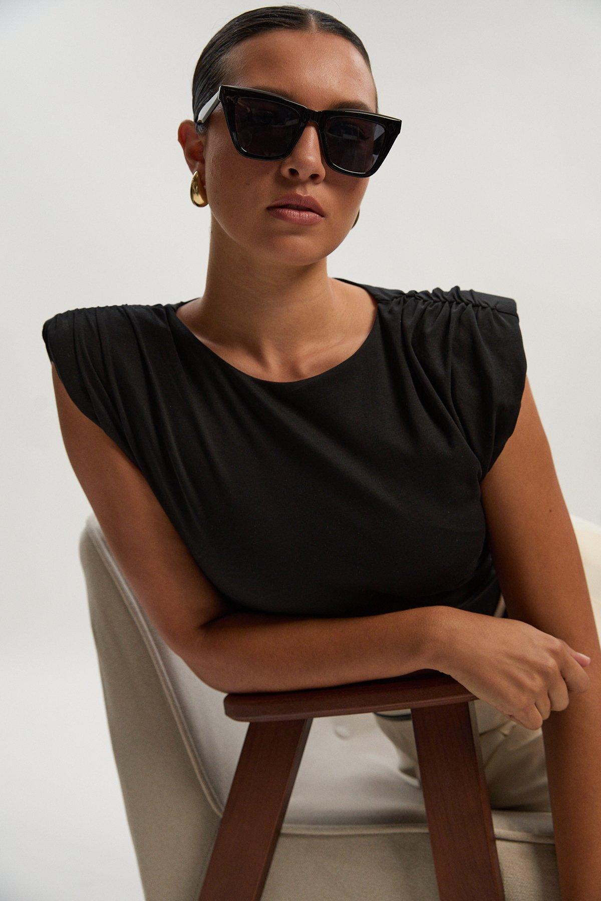 Stretch Jersey Power Shoulder Bodysuit - Black