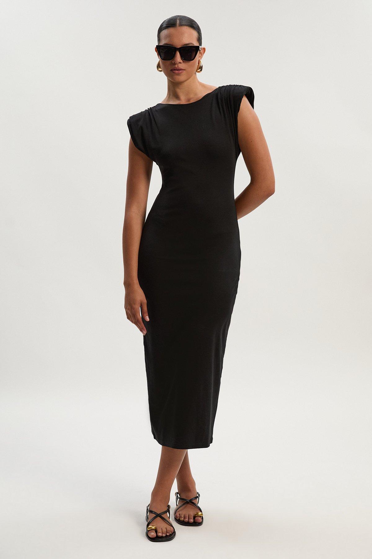 Stretch Jersey Power Shoulder Midi Dress - Black