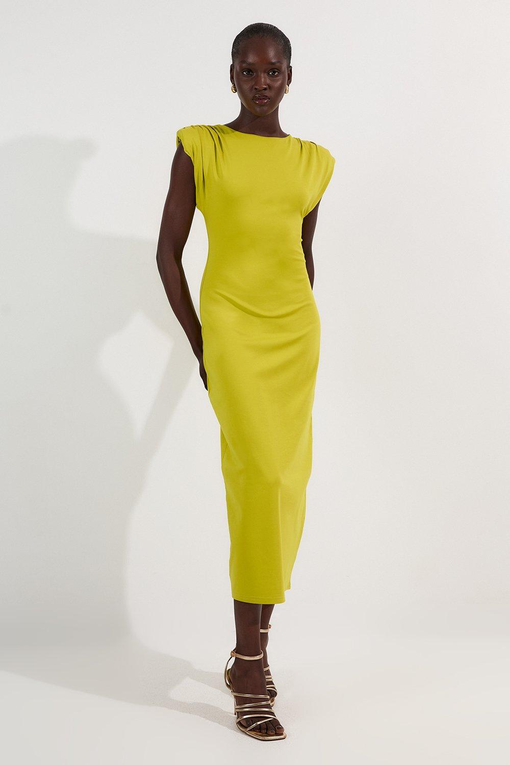 Stretch Jersey Power Shoulder Midi Dress - Green