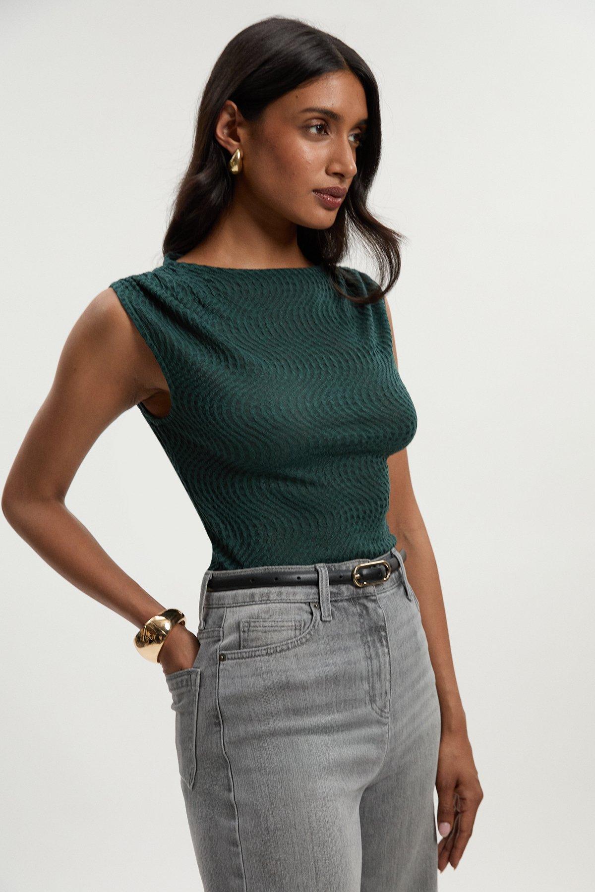 Sheered Textured Jersey Short Sleeve Top - Green